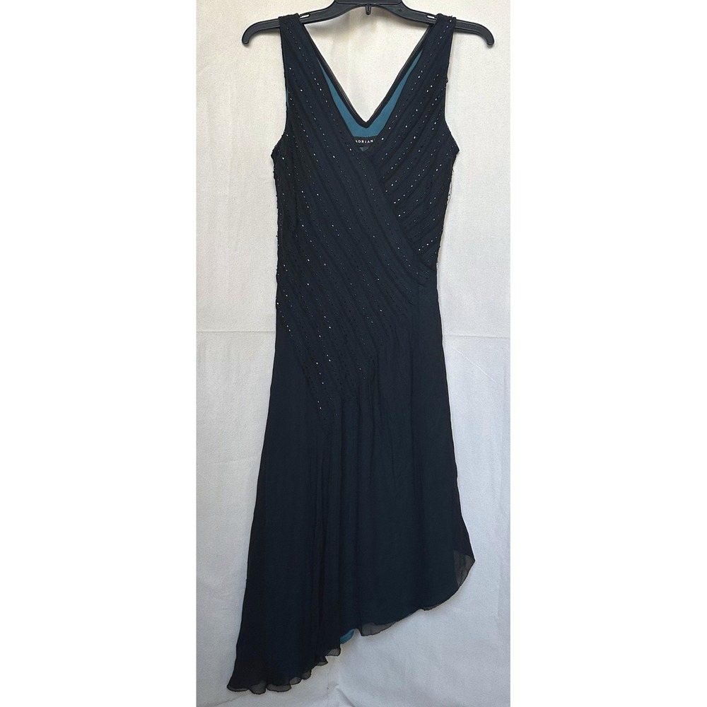 Adrianna 90s Y2K Whimsy Black 100% Silk Beaded‎ Asymmetrical Hem Dress Sz 12 Vtg